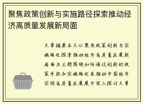 聚焦政策创新与实施路径探索推动经济高质量发展新局面